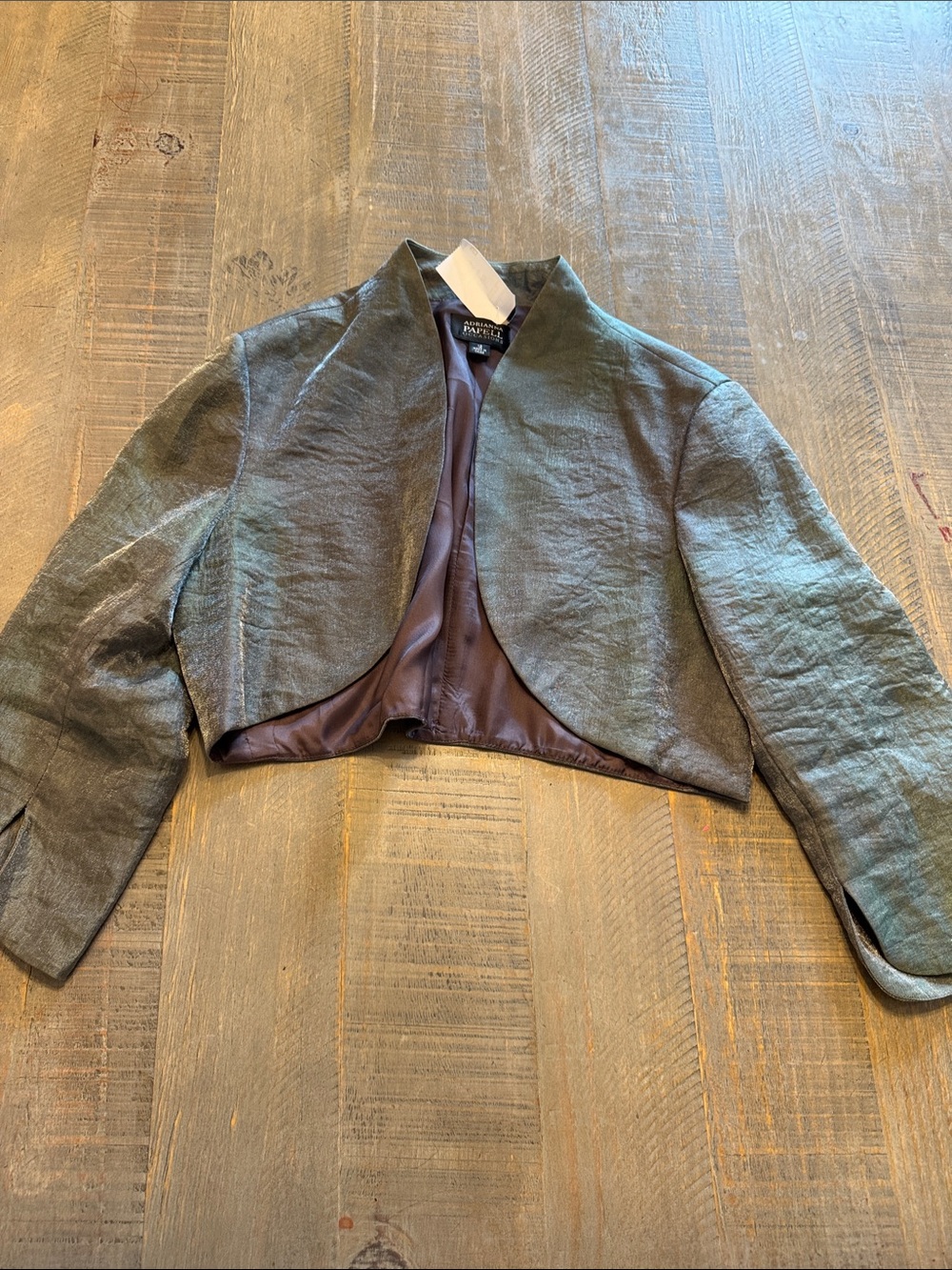 Adrianna Papell Cropped Olive-Green Linen-Blend Open Front Jacket